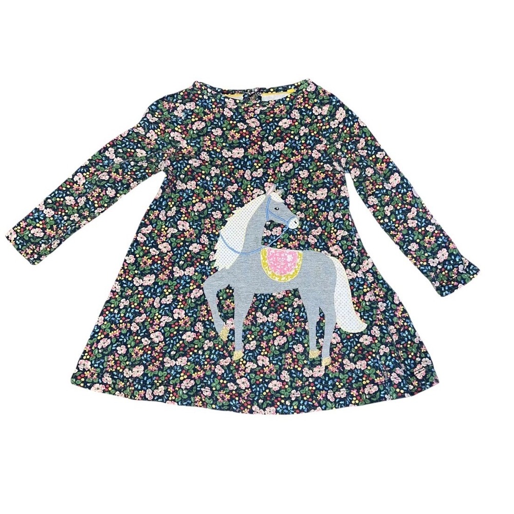 Mini Boden 2-3Y Dress Girls Floral Horse Applique Jersey Dress Navy Blue